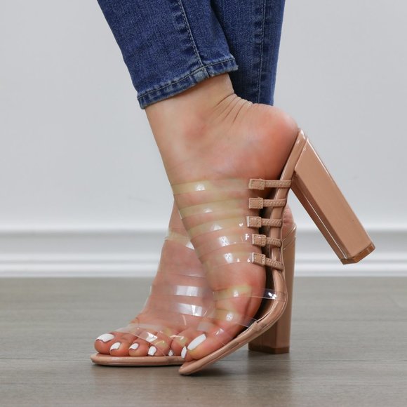 Nude & Clear Strappy Chunky Heel Open Toe Sandals - Picture 7 of 8
